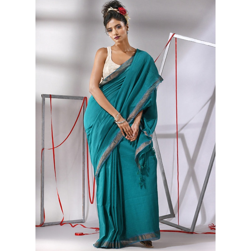Teal Cotton Saree With Blouse Piece - JD986580182