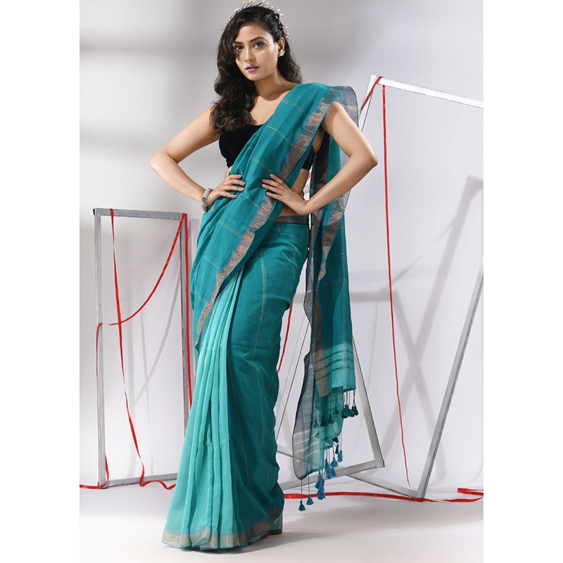 Teal Cotton Saree With Blouse Piece - JD986580183