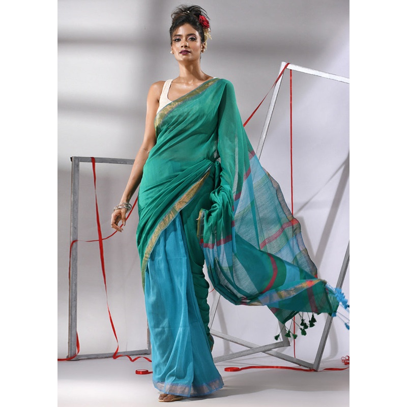 Teal Cotton Saree With Blouse Piece - JD986580184