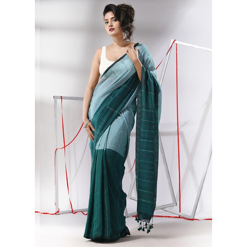 Teal Cotton Saree With Blouse Piece - JD986580267