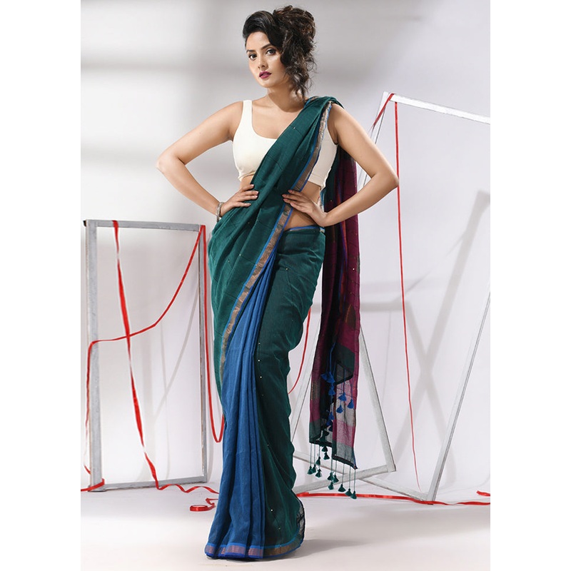 Teal Cotton Saree With Blouse Piece - JD986580268