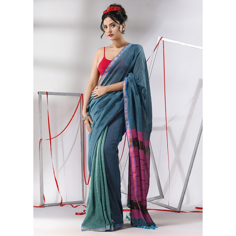 Teal Cotton Saree With Blouse Piece - JD986580269