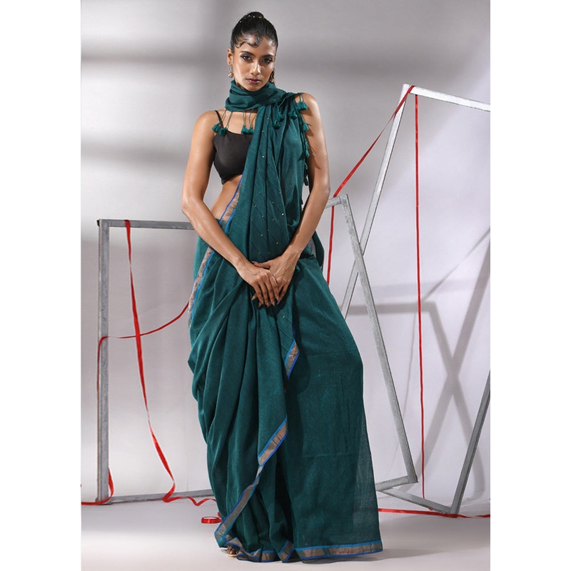 Teal Cotton Saree With Blouse Piece - JD986580270