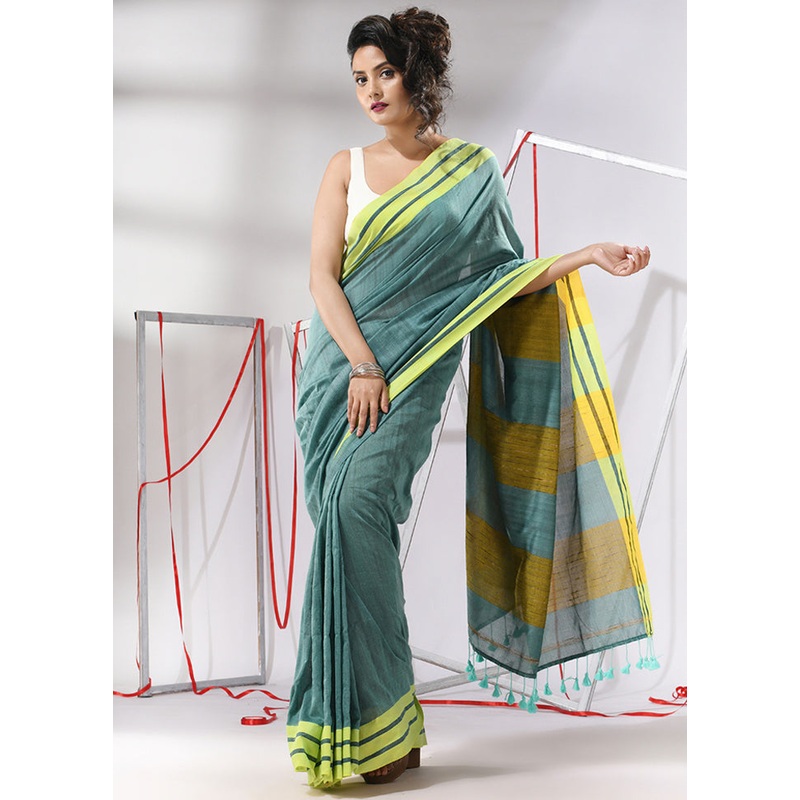 Teal Cotton Saree With Blouse Piece - JD986580271