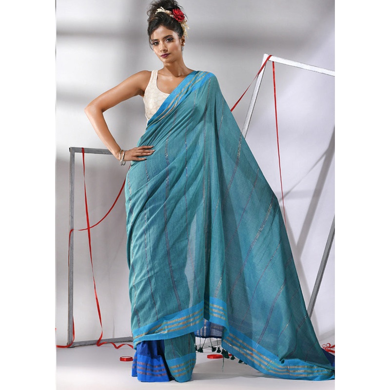 Teal Cotton Saree With Blouse Piece - JD986580273