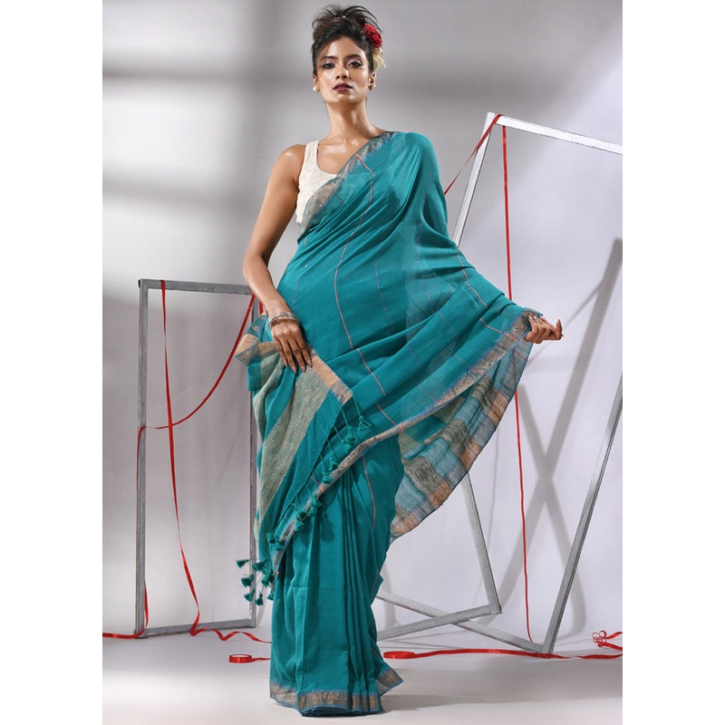 Teal Cotton Saree With Blouse Piece - JD986580274