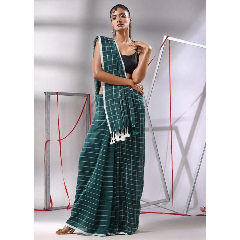 Teal Green Cotton Saree With Blouse Piece - JD986580265