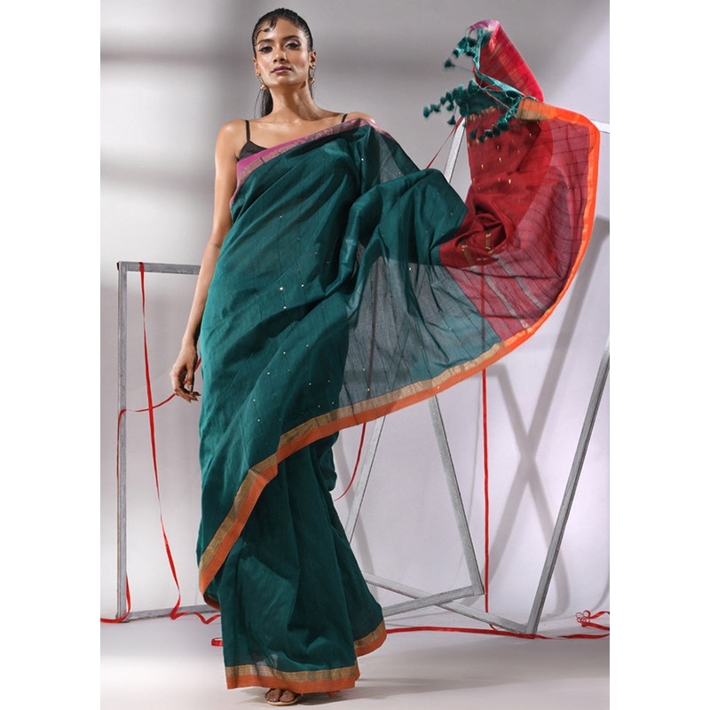 Teal Green Cotton Saree With Blouse Piece - JD986580266