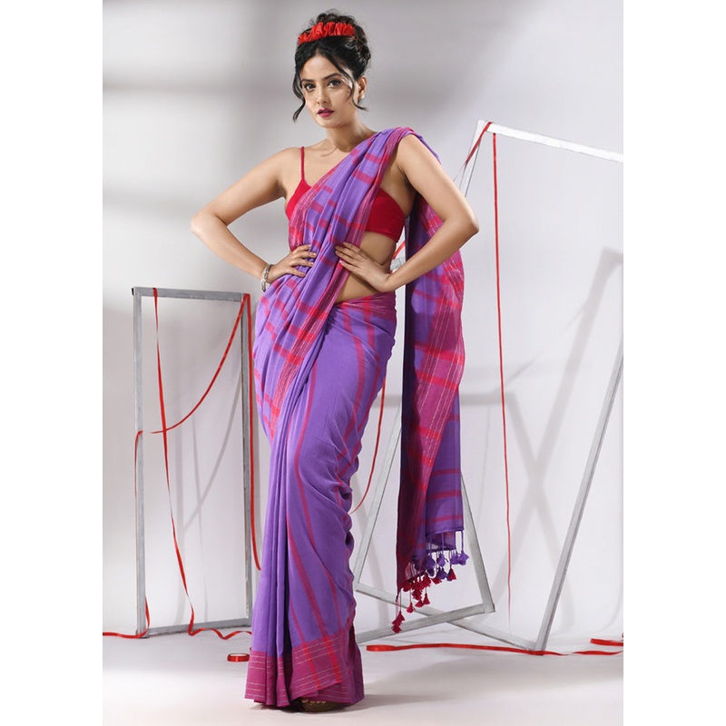 Violet Cotton Saree With Blouse Piece - JD986580177