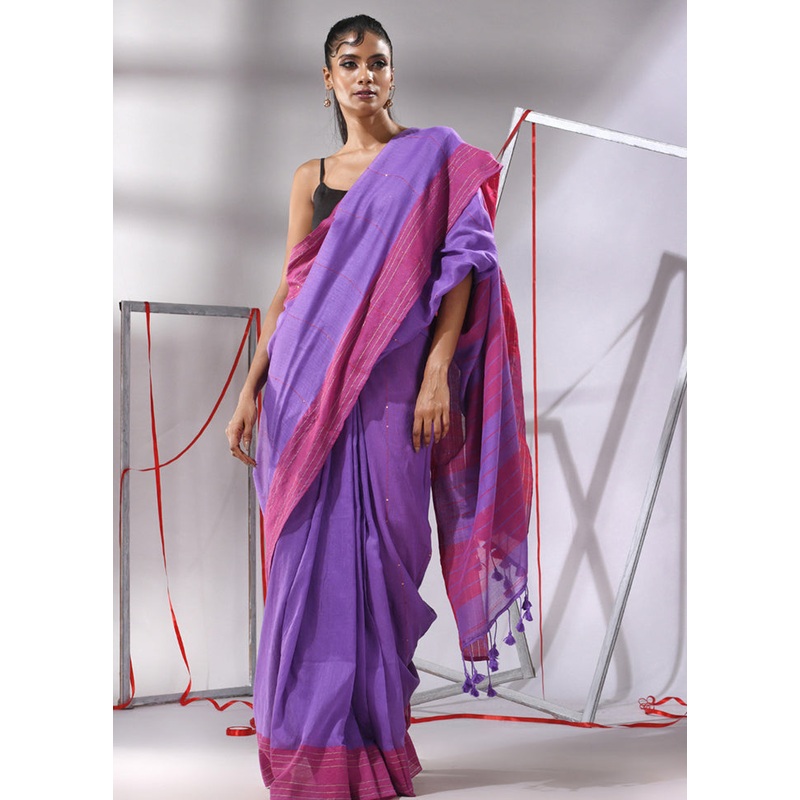 Violet Cotton Saree With Blouse Piece - JD986580179