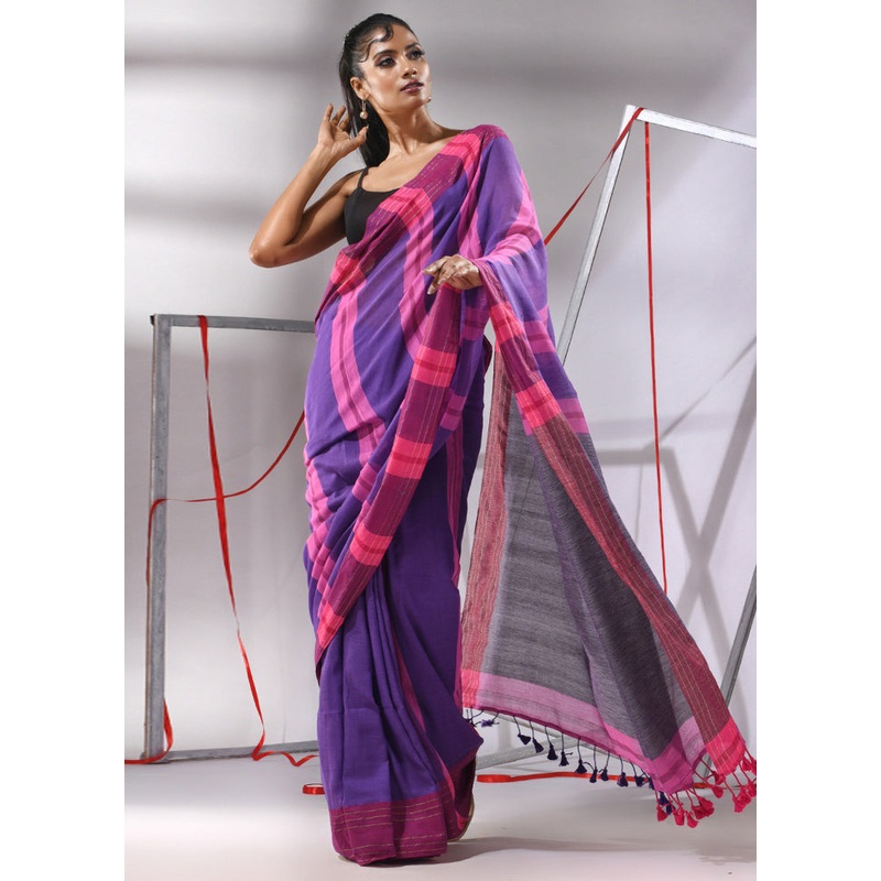 Violet Cotton Saree With Blouse Piece - JD986580180