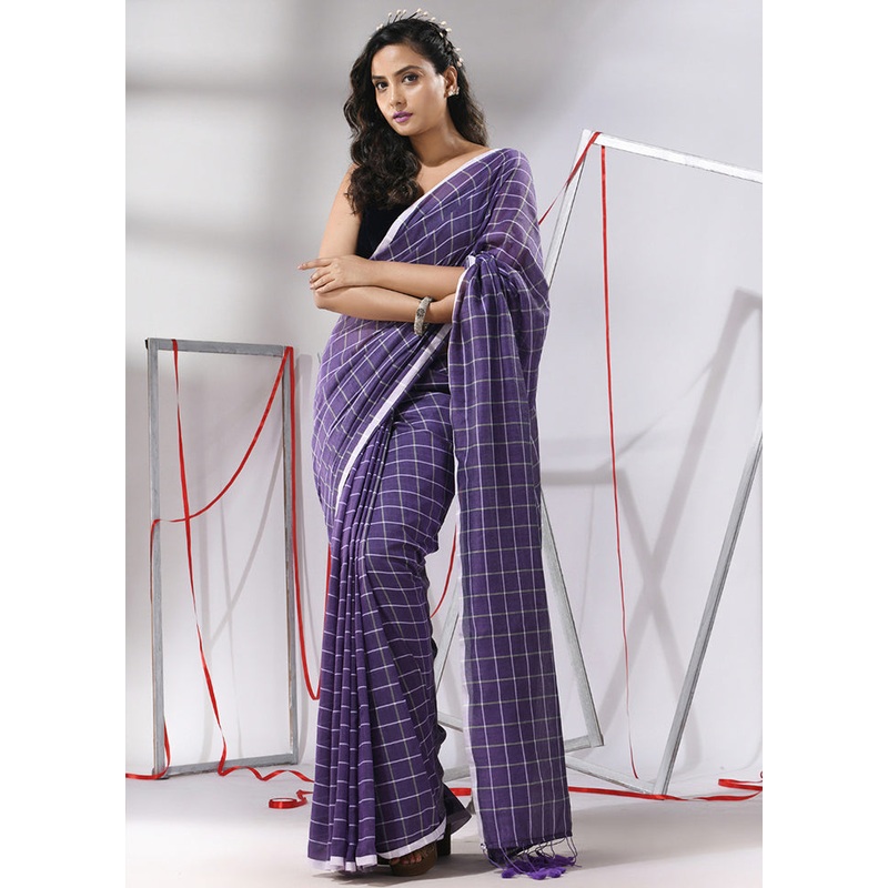 Violet Cotton Saree With Blouse Piece - JD986580263