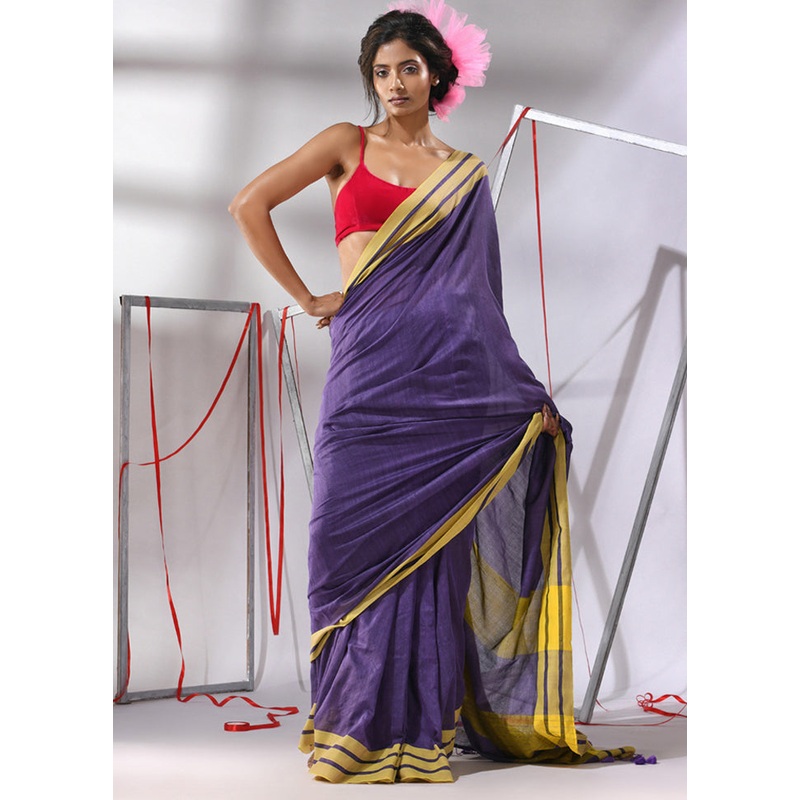 Violet Cotton Saree With Blouse Piece - JD986580264