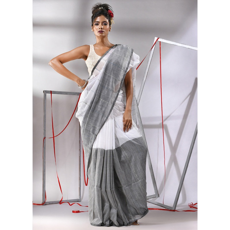 White Cotton Saree With Blouse Piece - JD986580262