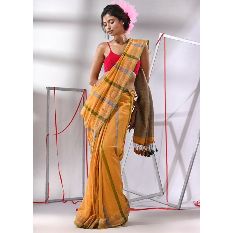 Yellow Cotton Saree With Blouse Piece - JD986580173