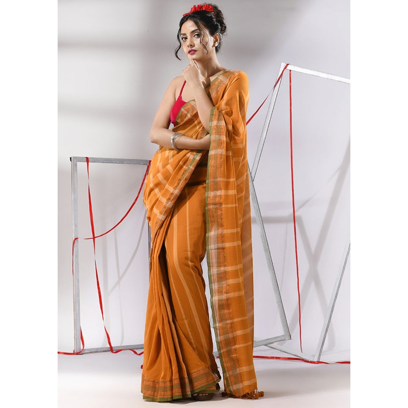 Yellow Cotton Saree With Blouse Piece - JD986580174