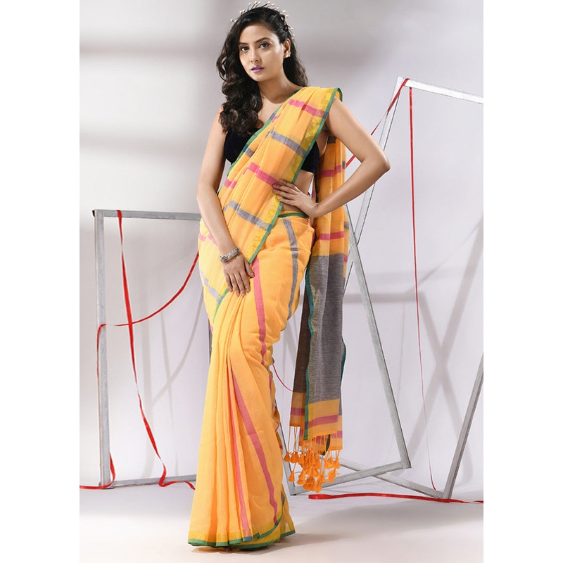 Yellow Cotton Saree With Blouse Piece - JD986580175