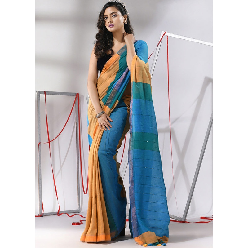 Yellow Cotton Saree With Blouse Piece - JD986580176
