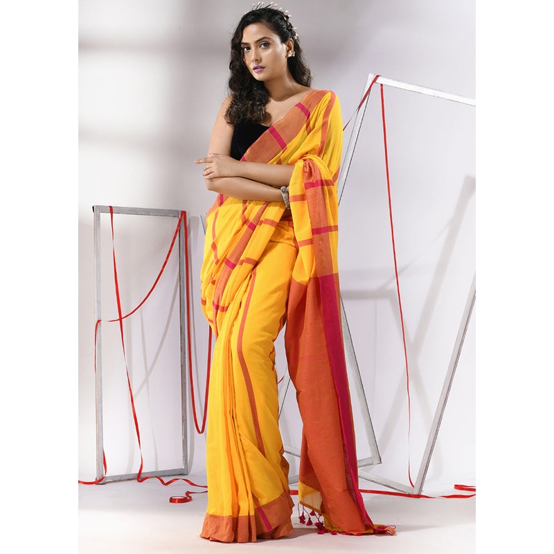 Yellow Cotton Saree With Blouse Piece - JD986580252