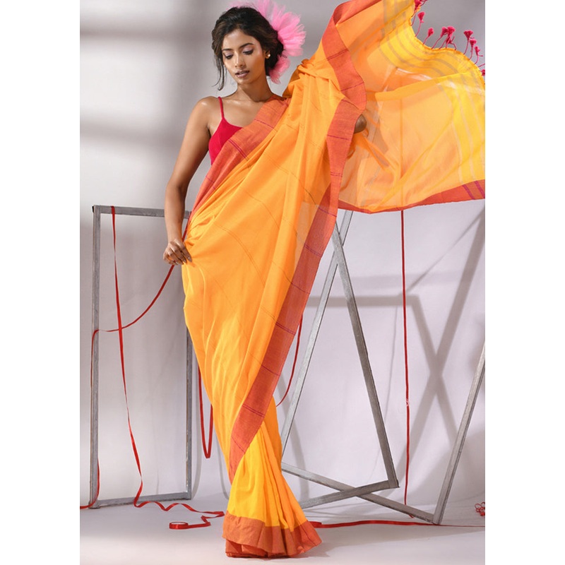 Yellow Cotton Saree With Blouse Piece - JD986580253
