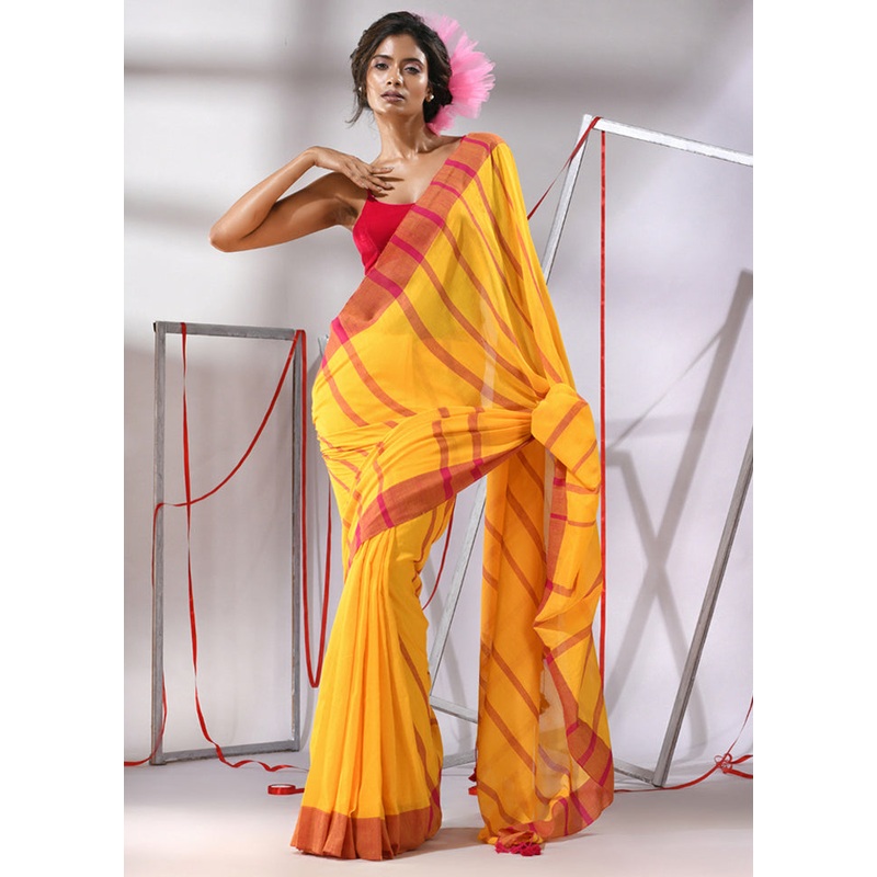 Yellow Cotton Saree With Blouse Piece - JD986580254