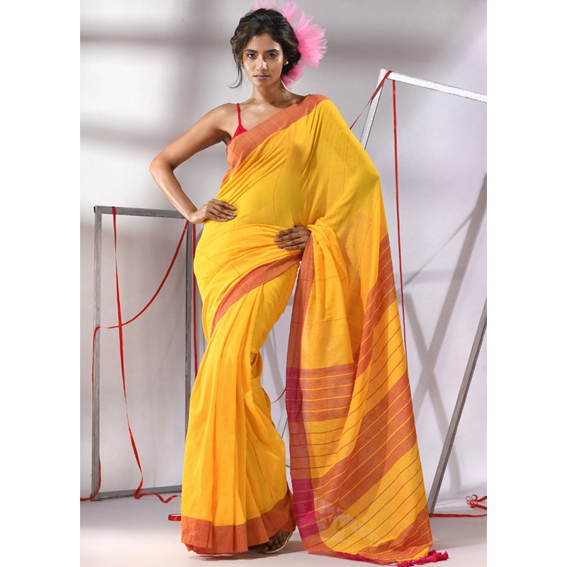 Yellow Cotton Saree With Blouse Piece - JD986580255