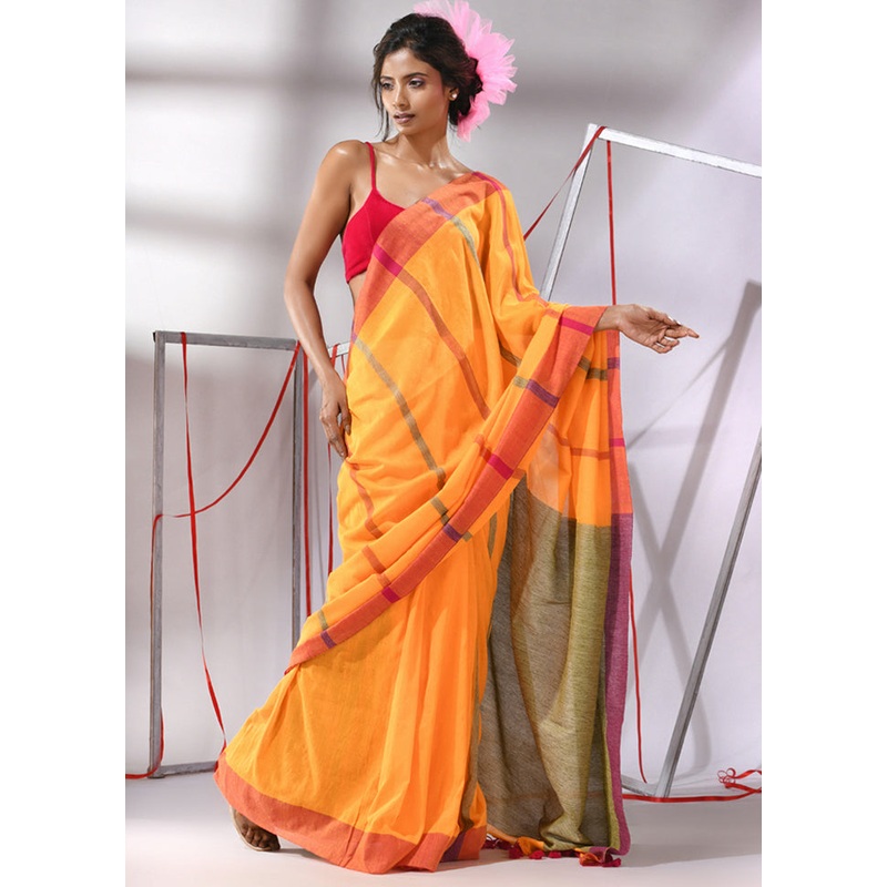 Yellow Cotton Saree With Blouse Piece - JD986580256