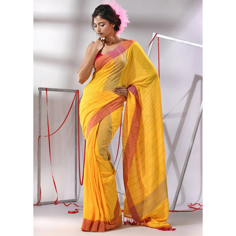 Yellow Cotton Saree With Blouse Piece - JD986580257