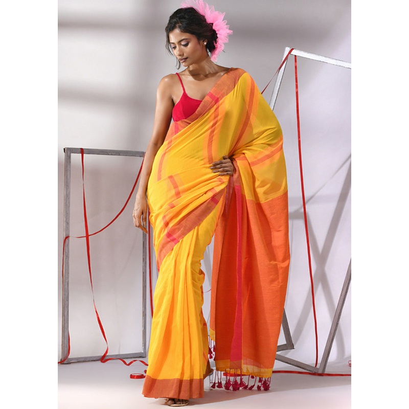Yellow Cotton Saree With Blouse Piece - JD986580258