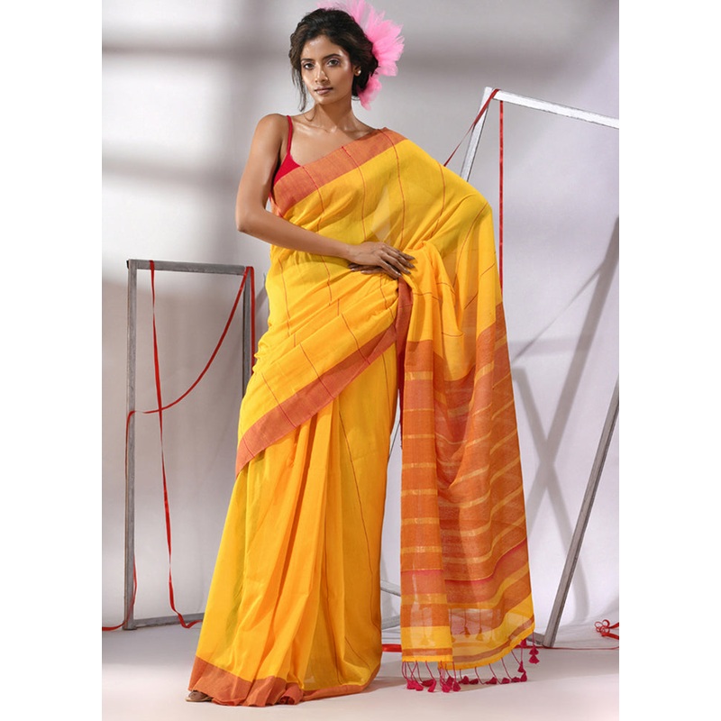 Yellow Cotton Saree With Blouse Piece - JD986580259