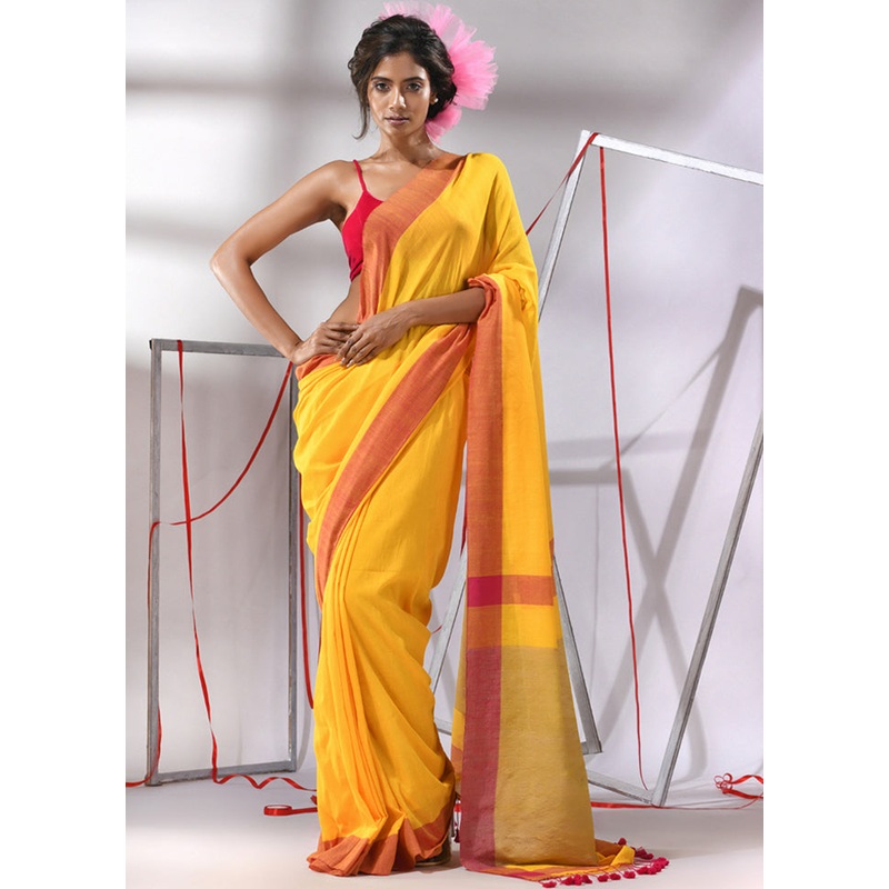 Yellow Cotton Saree With Blouse Piece - JD986580260