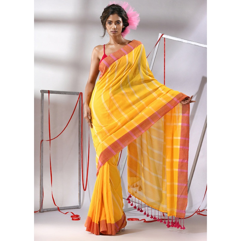 Yellow Cotton Saree With Blouse Piece - JD986580261