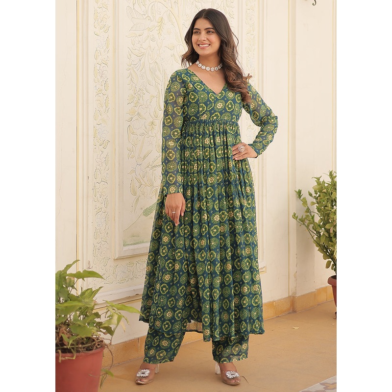 2 Pc Green Readymade Georgette Long Kurti Set - JD986580023