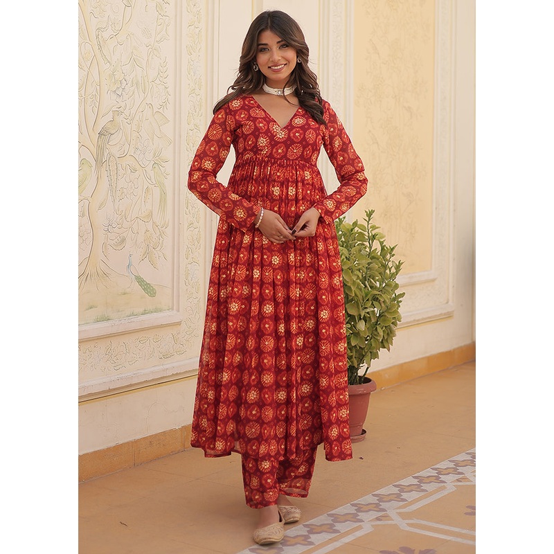 2 Pc Red Readymade Georgette Long Kurti Set - JD986580022