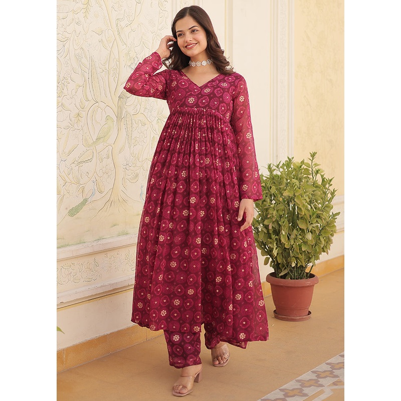2 Pc Wine Readymade Georgette Long Kurti Set - JD986580021