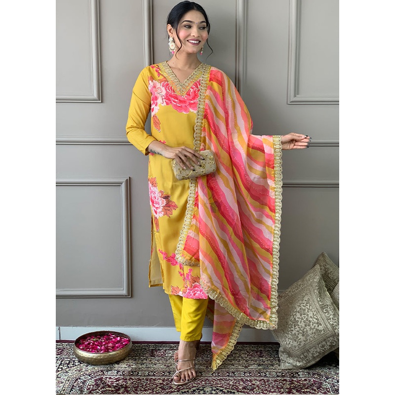 3 Pc Yellow Readymade Silk Suit Set - JD986579990