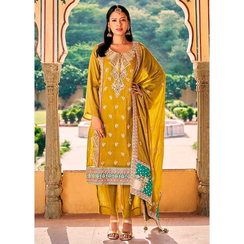 3 Pc Yellow Semi Stitched Silk Suit Set - JD986579989
