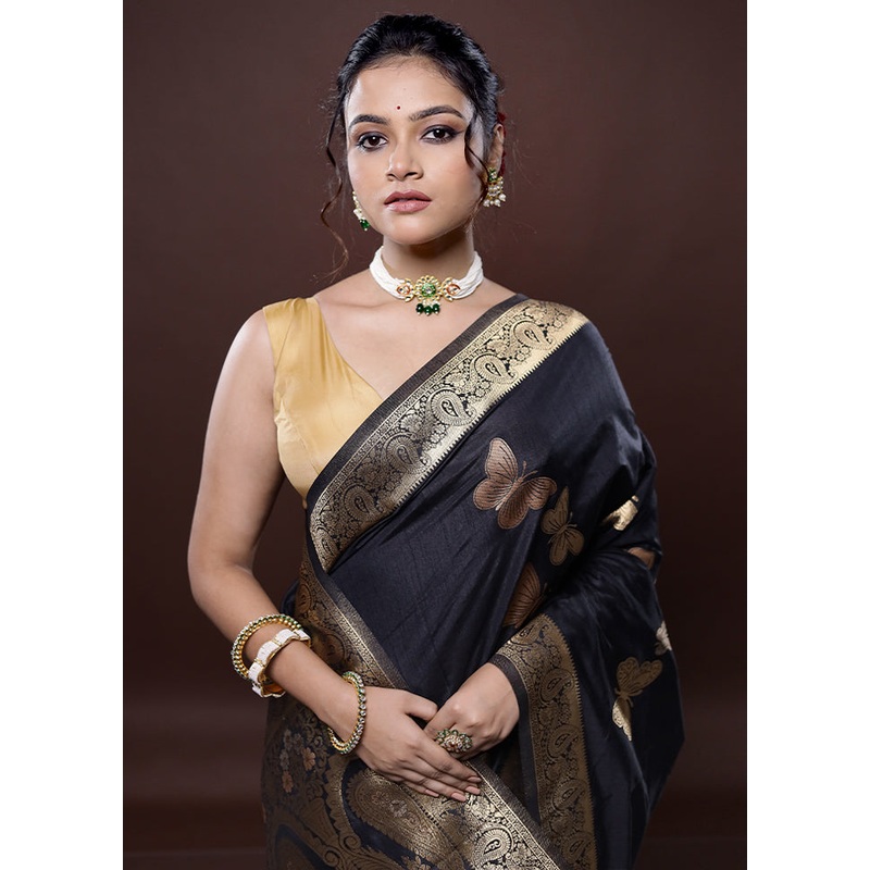 Black Dupion Silk Saree With Blouse Piece - JD986580043