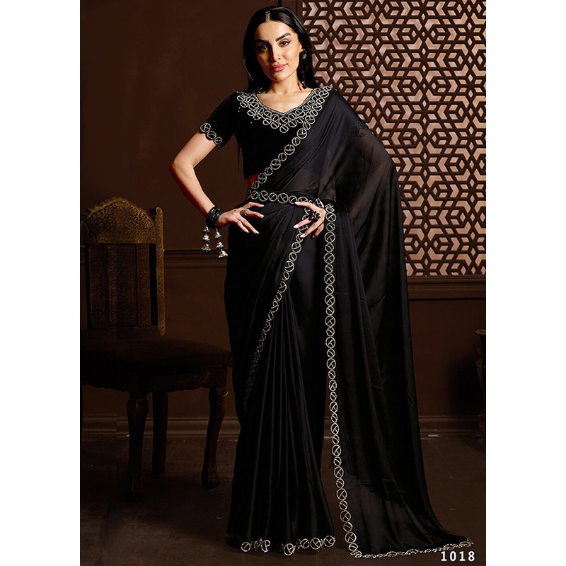 Black Satin Silk Saree With Blouse Piece - JD986579987