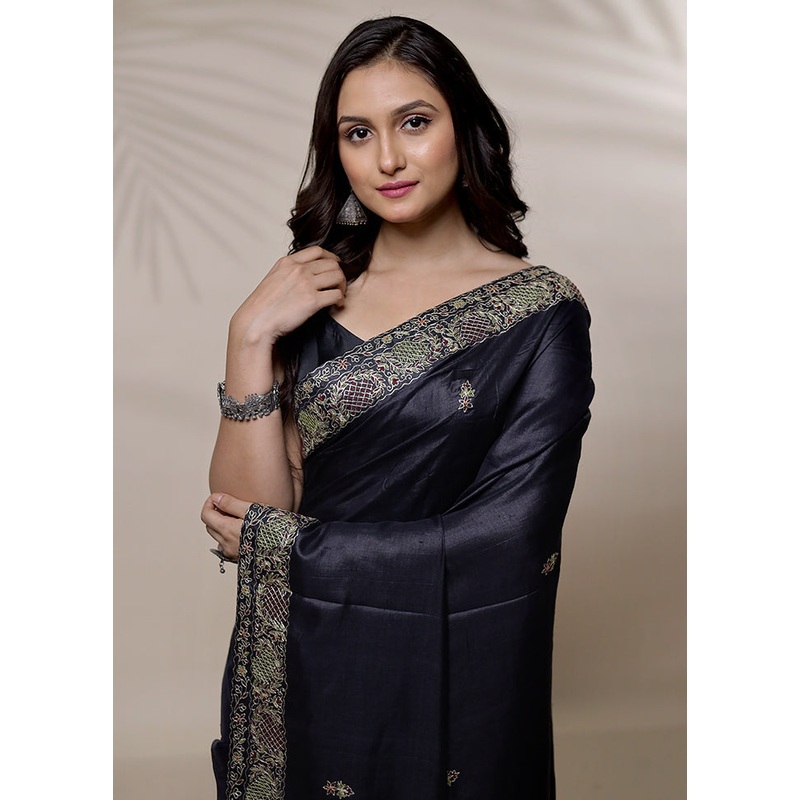 Black Tussar Pure Silk Saree With Blouse Piece - JD986580122
