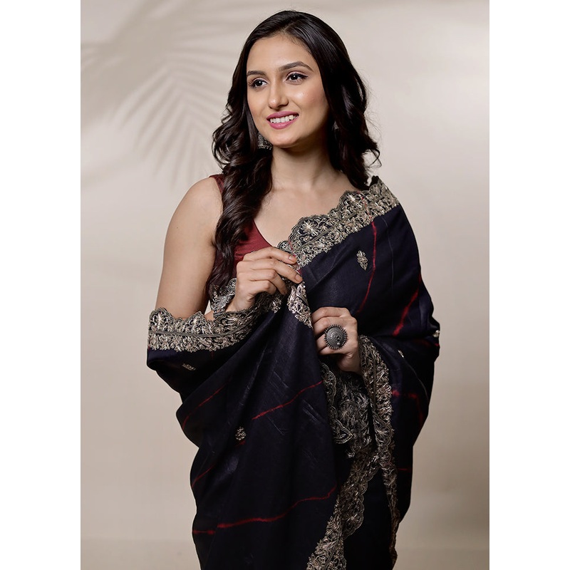Black Tussar Pure Silk Saree With Blouse Piece - JD986580123
