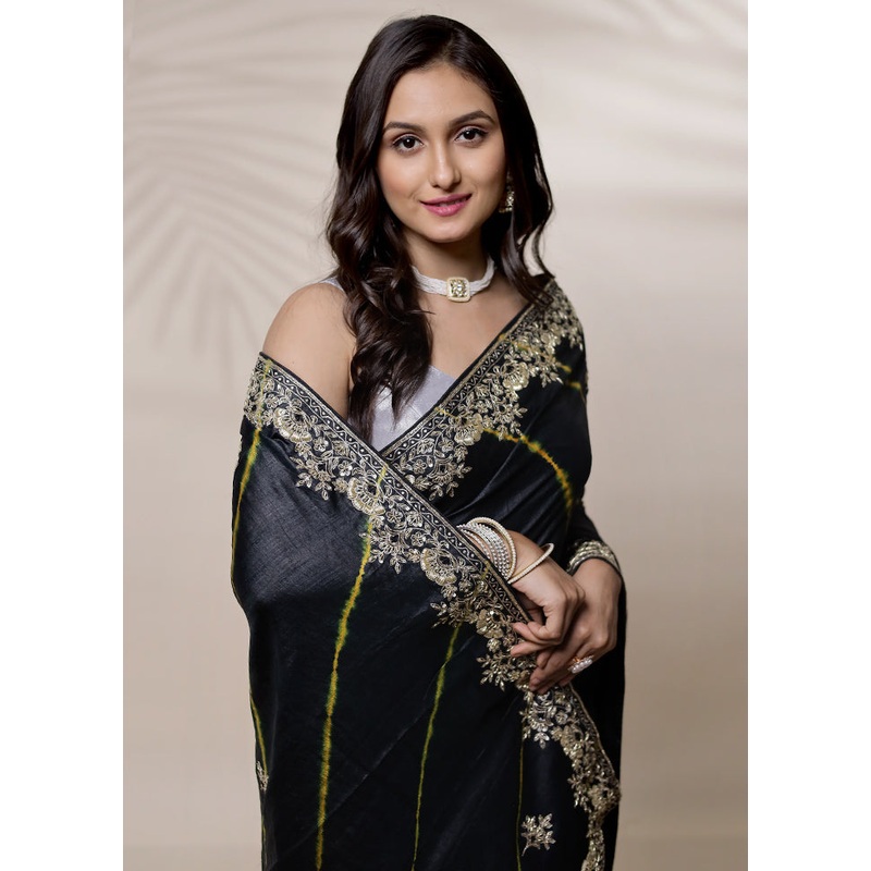 Black Tussar Pure Silk Saree With Blouse Piece - JD986580124