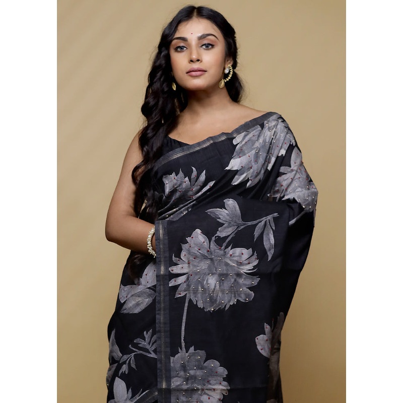 Black Tussar Silk Saree With Blouse Piece - JD986580142