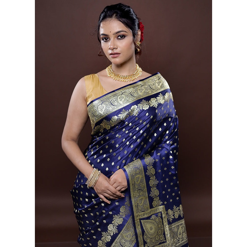 Blue Banarasi Silk Saree With Blouse Piece - JD986580042