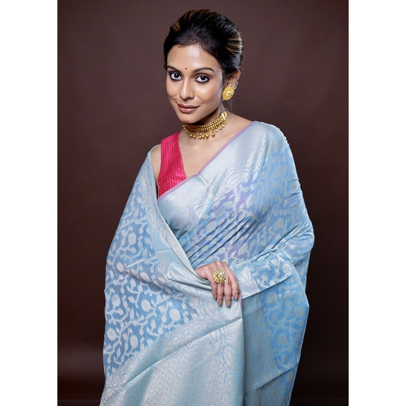 Blue Cotton Saree With Blouse Piece - JD986580098