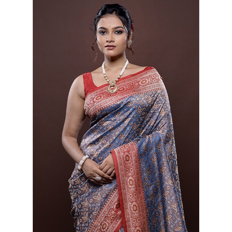 Blue Jamewar Banarasi Silk Saree With Blouse Piece - JD986580041