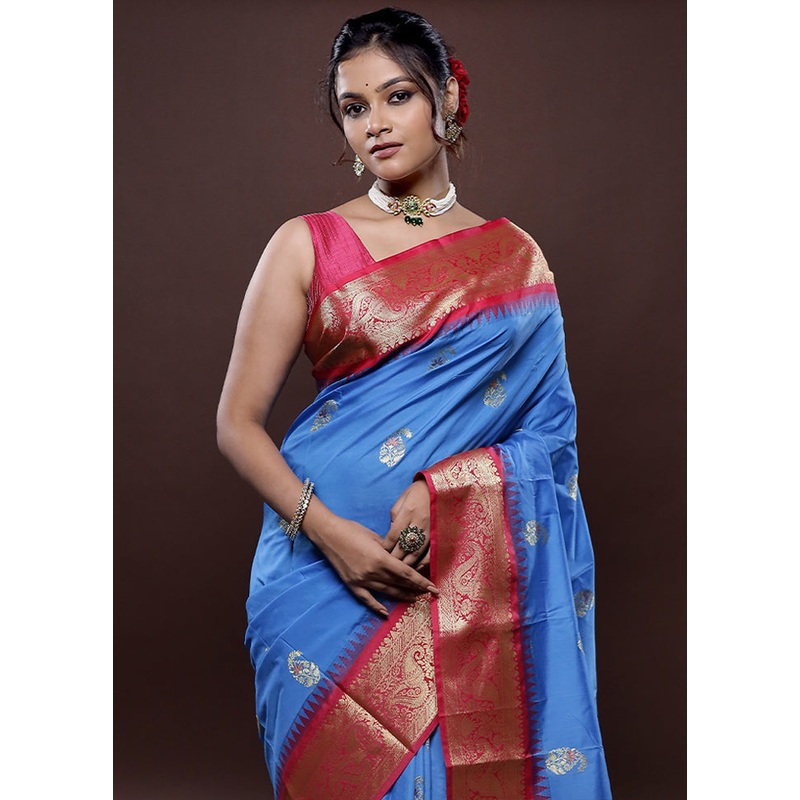 Blue Kanjivaram Silk Saree With Blouse Piece - JD986580039