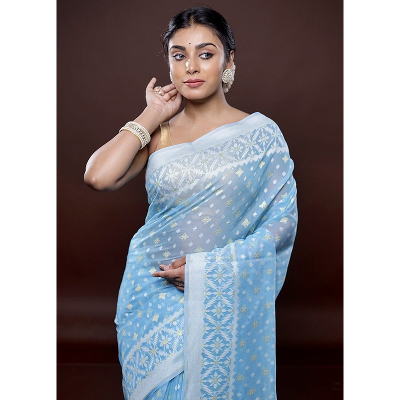 Blue Kora Silk Saree With Blouse Piece - JD986580081