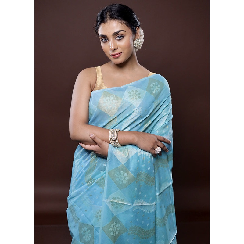 Blue Kora Silk Saree With Blouse Piece - JD986580082