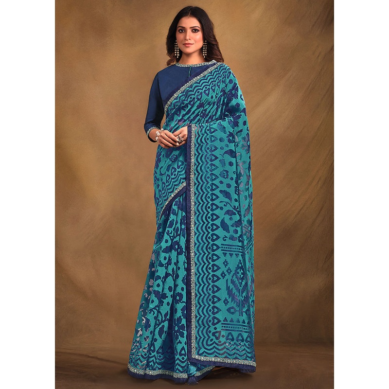 Blue Net Saree With Blouse Piece - JD986579984